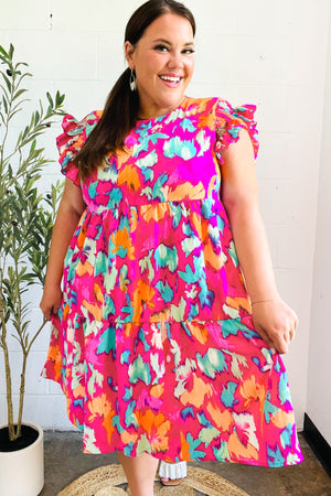 Look of Love Fuchsia Abstract Floral Print Smocked Ruffle Sleeve Dress - Coeur de la Mode