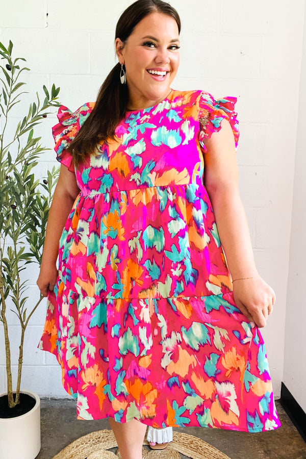 Look of Love Fuchsia Abstract Floral Print Smocked Ruffle Sleeve Dress - Coeur de la Mode