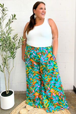 Summer Vibes Green & Orange Abstract Print Smocked Palazzo Pants - Coeur de la Mode