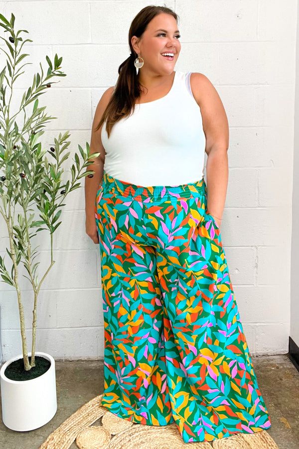 Summer Vibes Green & Orange Abstract Print Smocked Palazzo Pants - Coeur de la Mode