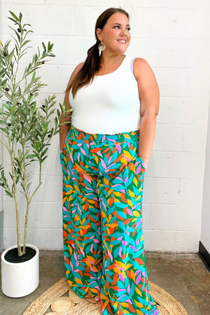 Summer Vibes Green & Orange Abstract Print Smocked Palazzo Pants - Coeur de la Mode