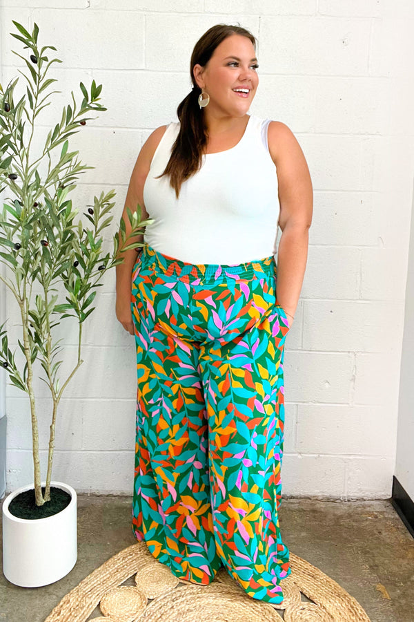 Summer Vibes Green & Orange Abstract Print Smocked Palazzo Pants - Coeur de la Mode