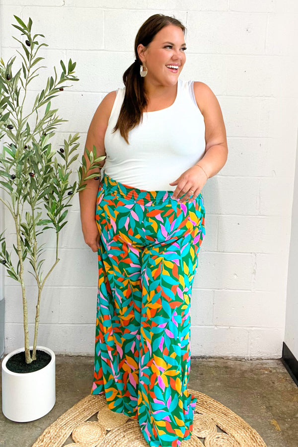 Summer Vibes Green & Orange Abstract Print Smocked Palazzo Pants - Coeur de la Mode
