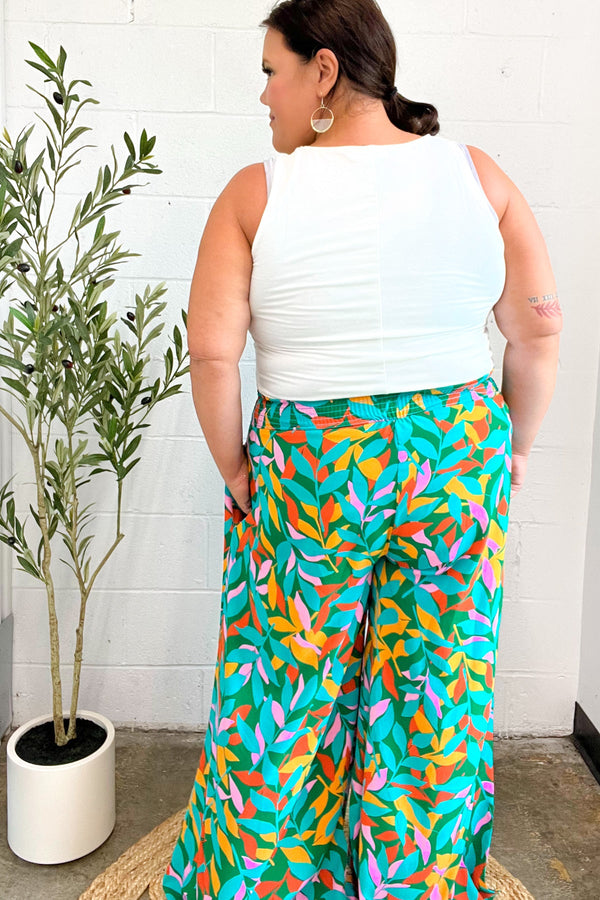 Summer Vibes Green & Orange Abstract Print Smocked Palazzo Pants - Coeur de la Mode