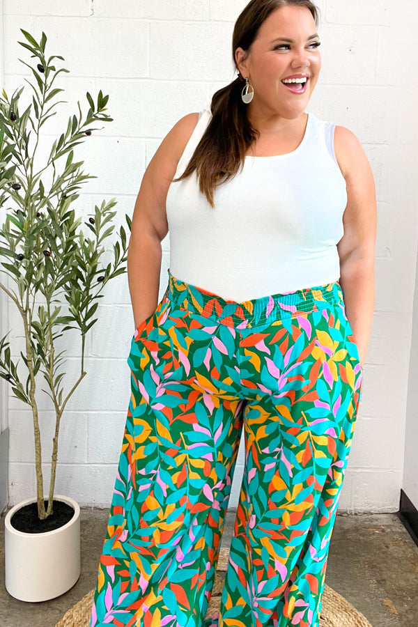 Summer Vibes Green & Orange Abstract Print Smocked Palazzo Pants - Coeur de la Mode