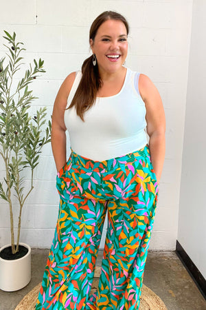 Summer Vibes Green & Orange Abstract Print Smocked Palazzo Pants - Coeur de la Mode