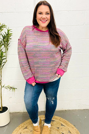 Bring Joy Magenta Multicolor Textured Waffle Knit Sweater - Coeur de la Mode