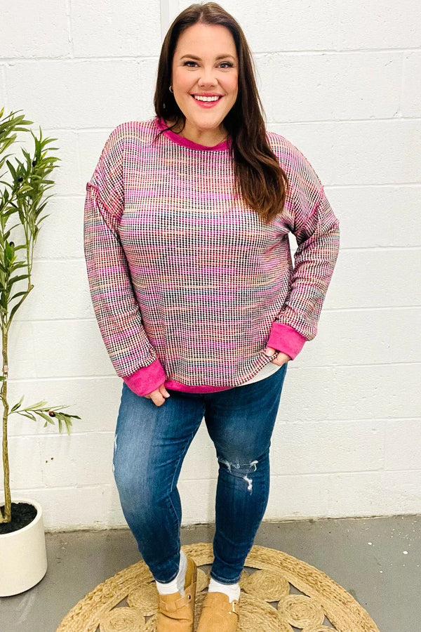 Bring Joy Magenta Multicolor Textured Waffle Knit Sweater - Coeur de la Mode