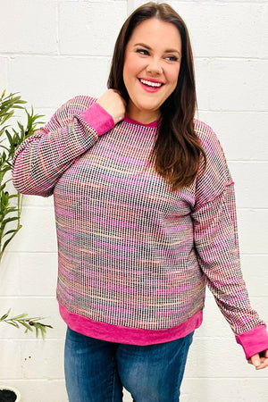 Bring Joy Magenta Multicolor Textured Waffle Knit Sweater - Coeur de la Mode