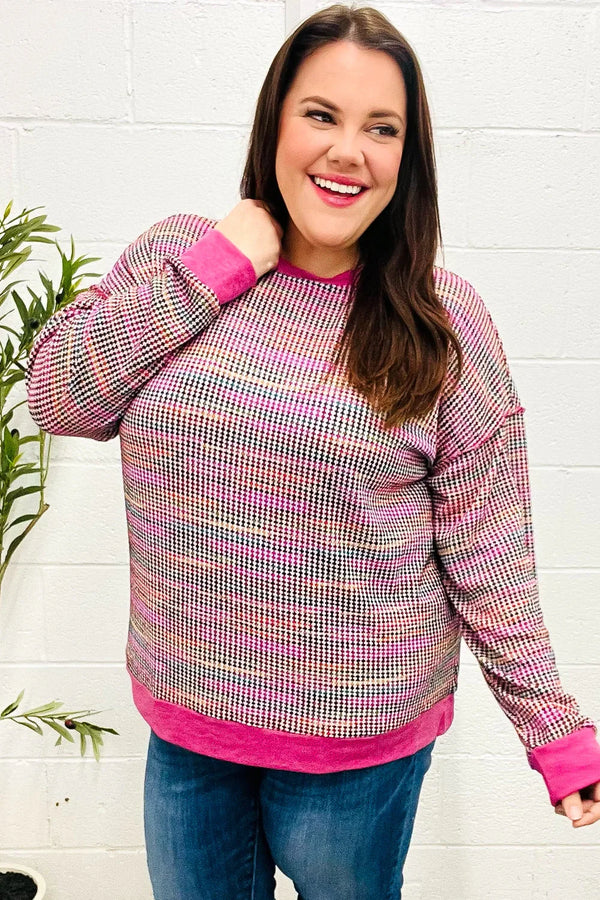 Bring Joy Magenta Multicolor Textured Waffle Knit Sweater - Coeur de la Mode