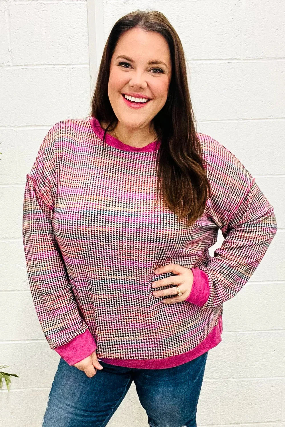 Bring Joy Magenta Multicolor Textured Waffle Knit Sweater - Coeur de la Mode