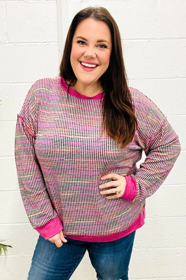 Bring Joy Magenta Multicolor Textured Waffle Knit Sweater - Coeur de la Mode
