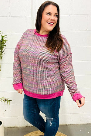 Bring Joy Magenta Multicolor Textured Waffle Knit Sweater - Coeur de la Mode