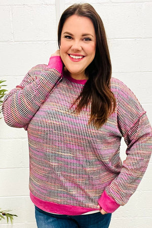 Bring Joy Magenta Multicolor Textured Waffle Knit Sweater - Coeur de la Mode