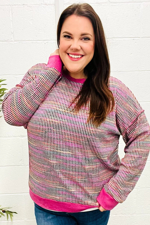 Bring Joy Magenta Multicolor Textured Waffle Knit Sweater - Coeur de la Mode