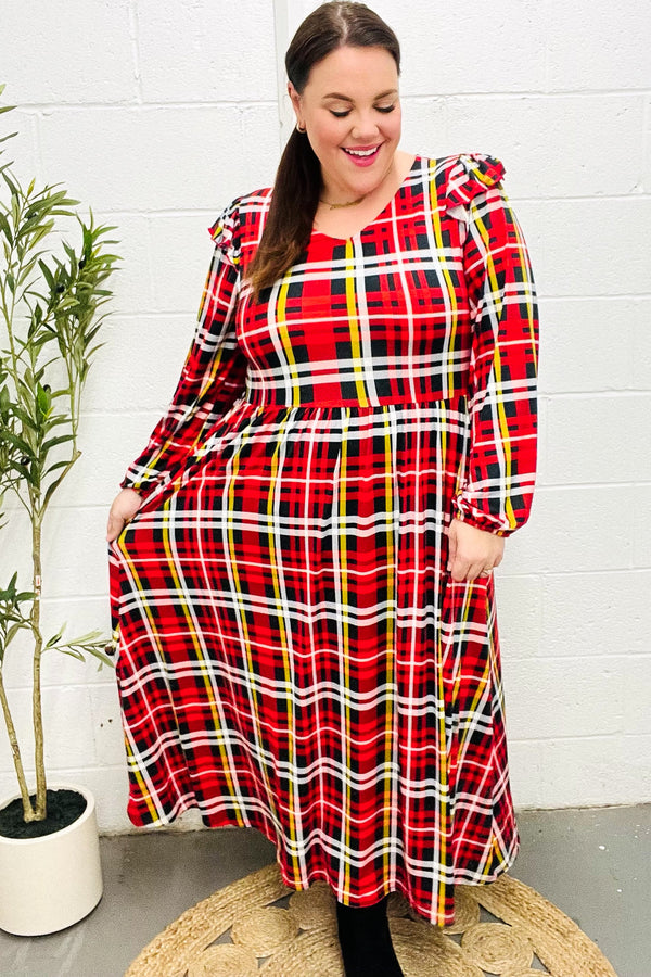 Adorable In Red Plaid Ruffle Detail Fit & Flare Midi Dress - Coeur de la Mode