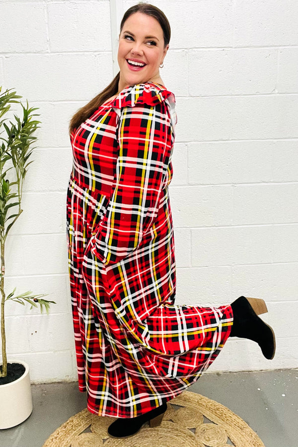Adorable In Red Plaid Ruffle Detail Fit & Flare Midi Dress - Coeur de la Mode