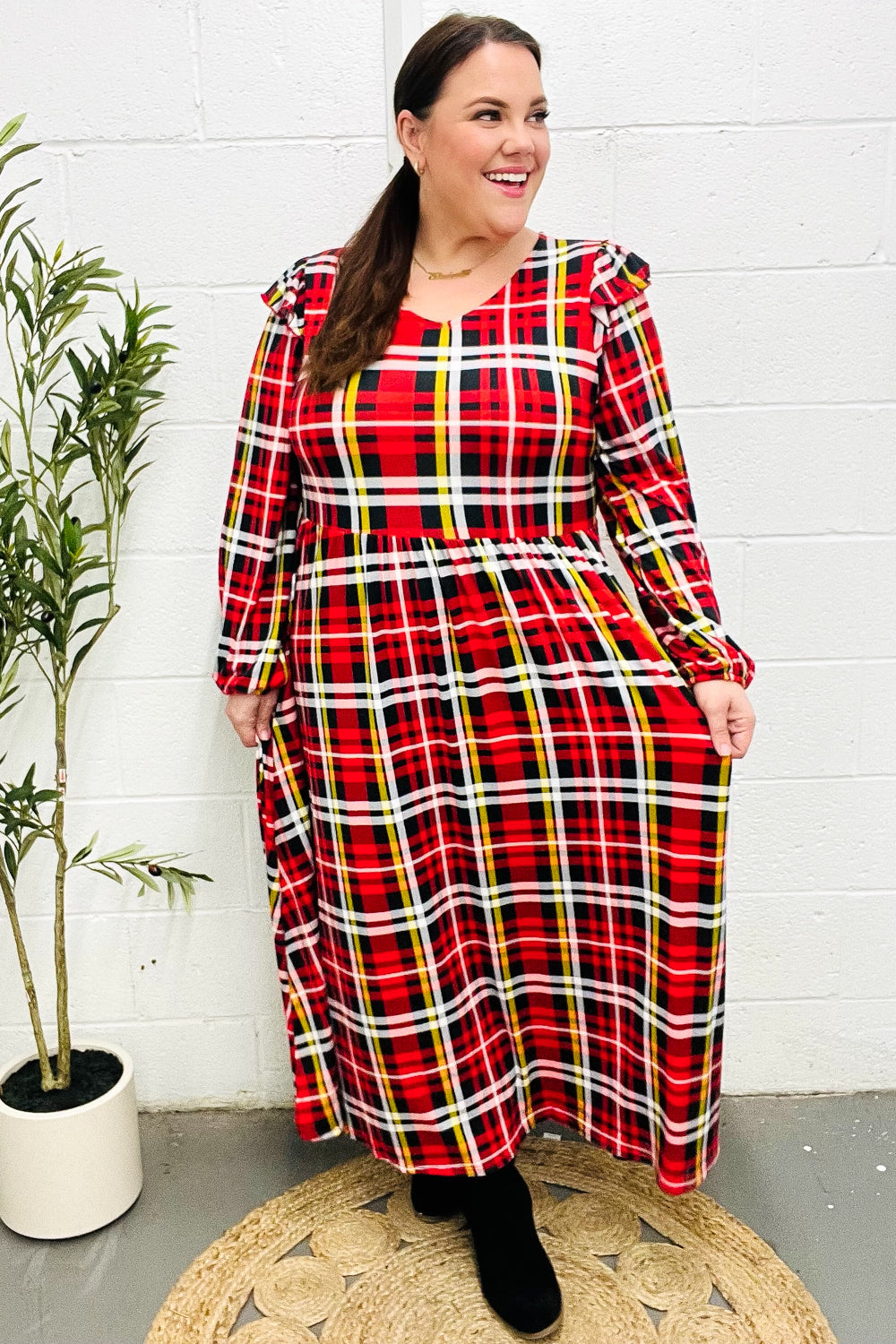 Adorable In Red Plaid Ruffle Detail Fit & Flare Midi Dress - Coeur de la Mode