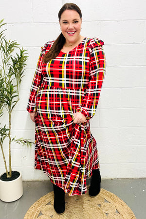 Adorable In Red Plaid Ruffle Detail Fit & Flare Midi Dress - Coeur de la Mode