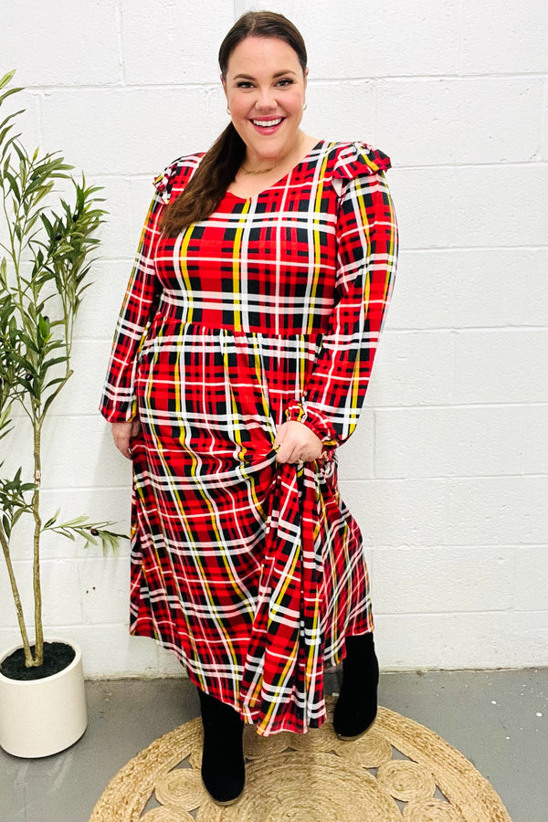 Adorable In Red Plaid Ruffle Detail Fit & Flare Midi Dress - Coeur de la Mode