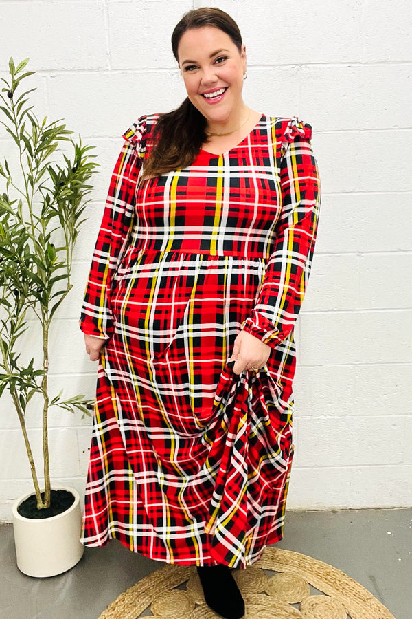 Adorable In Red Plaid Ruffle Detail Fit & Flare Midi Dress - Coeur de la Mode