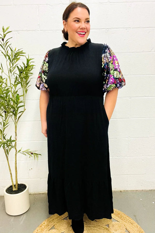 Black Floral Sequin Puff Sleeve Mock Neck Tiered Maxi Dress - Coeur de la Mode
