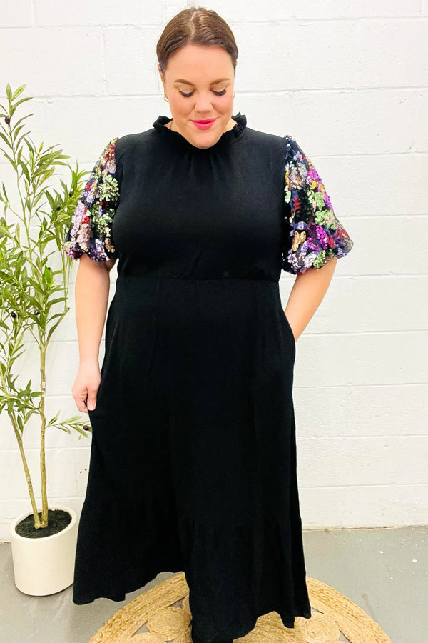Black Floral Sequin Puff Sleeve Mock Neck Tiered Maxi Dress - Coeur de la Mode