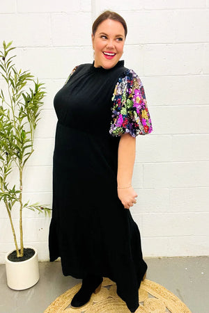 Black Floral Sequin Puff Sleeve Mock Neck Tiered Maxi Dress - Coeur de la Mode