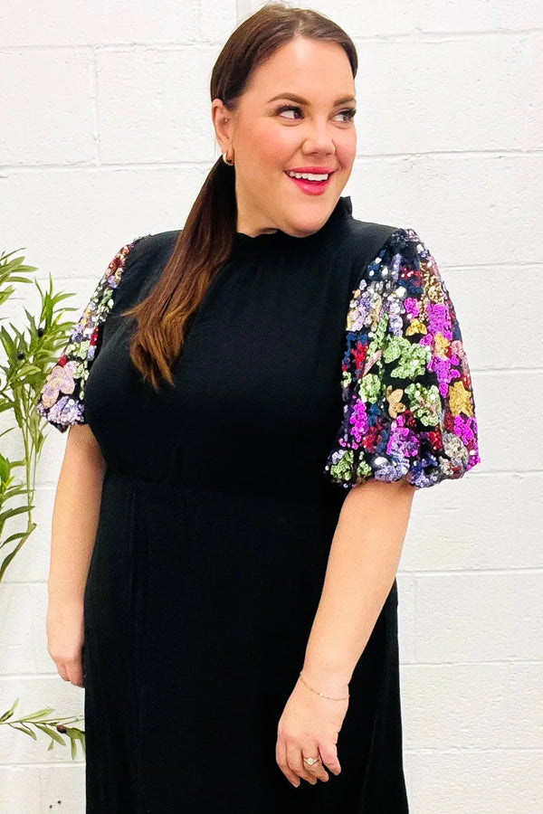 Black Floral Sequin Puff Sleeve Mock Neck Tiered Maxi Dress - Coeur de la Mode