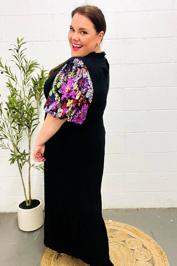 Black Floral Sequin Puff Sleeve Mock Neck Tiered Maxi Dress - Coeur de la Mode