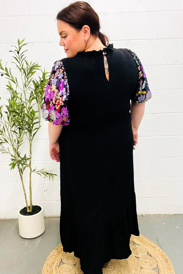 Black Floral Sequin Puff Sleeve Mock Neck Tiered Maxi Dress - Coeur de la Mode
