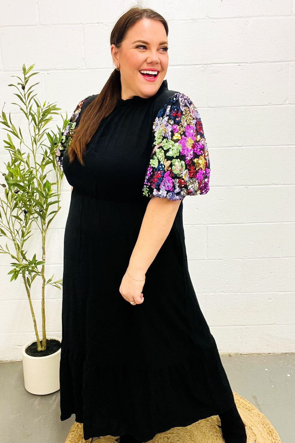 Black Floral Sequin Puff Sleeve Mock Neck Tiered Maxi Dress - Coeur de la Mode