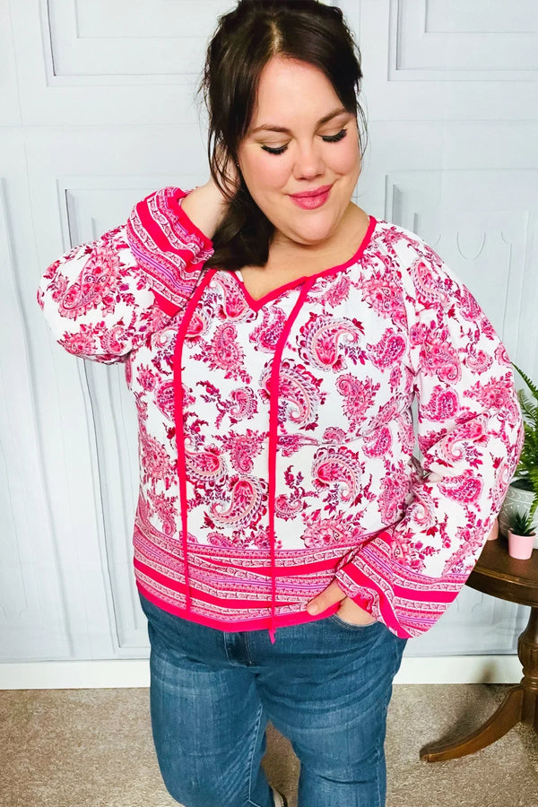 Make A Statement Fuchsia Paisley Boho Front Tie Top - Coeur de la Mode