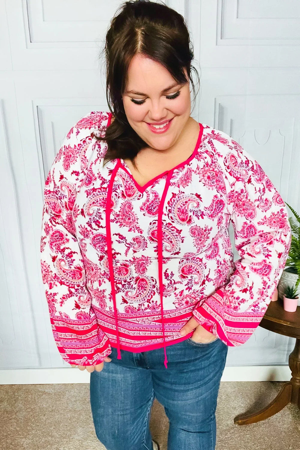Make A Statement Fuchsia Paisley Boho Front Tie Top - Coeur de la Mode