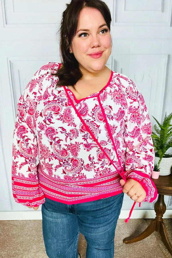 Make A Statement Fuchsia Paisley Boho Front Tie Top - Coeur de la Mode