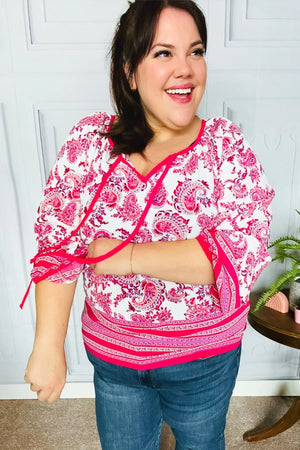 Make A Statement Fuchsia Paisley Boho Front Tie Top - Coeur de la Mode