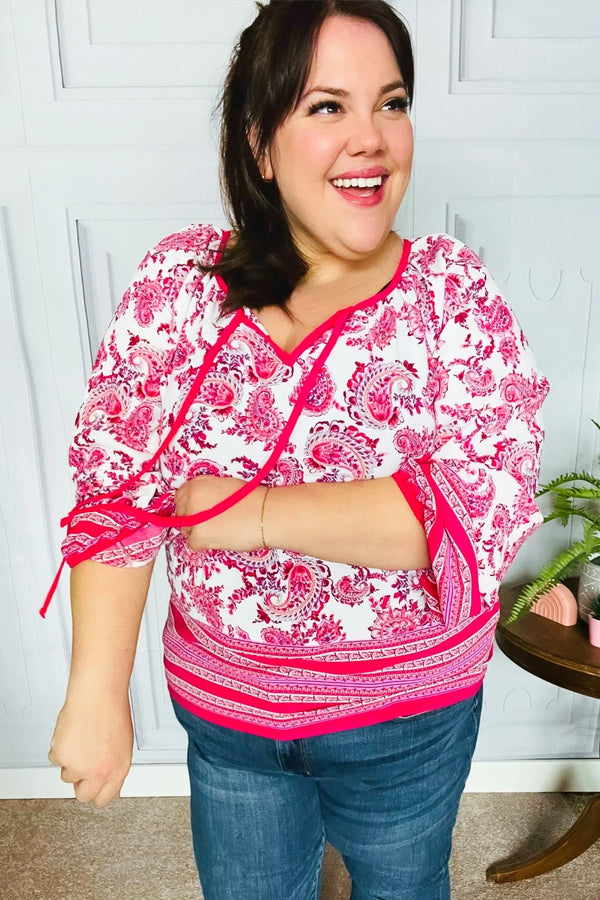 Make A Statement Fuchsia Paisley Boho Front Tie Top - Coeur de la Mode