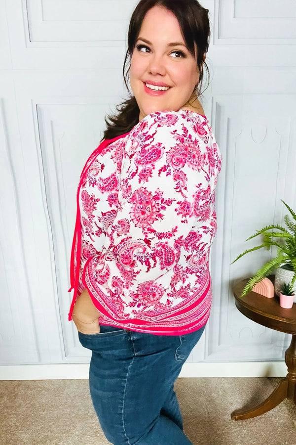Make A Statement Fuchsia Paisley Boho Front Tie Top - Coeur de la Mode
