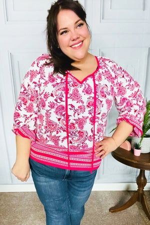 Make A Statement Fuchsia Paisley Boho Front Tie Top - Coeur de la Mode