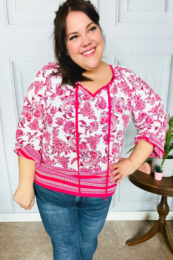 Make A Statement Fuchsia Paisley Boho Front Tie Top - Coeur de la Mode