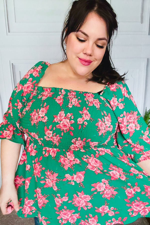 Sumptuous In Smocked Green & Coral Flower Print Babydoll Top - Coeur de la Mode
