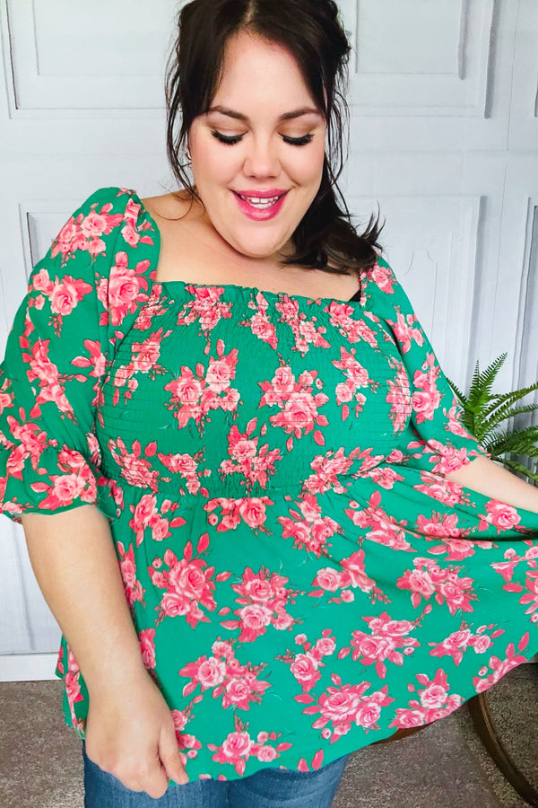 Sumptuous In Smocked Green & Coral Flower Print Babydoll Top - Coeur de la Mode