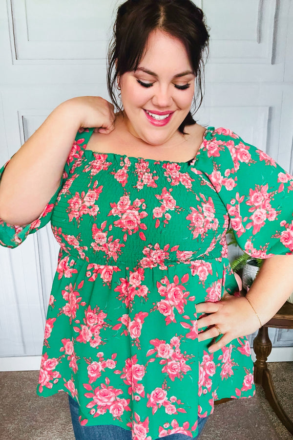 Sumptuous In Smocked Green & Coral Flower Print Babydoll Top - Coeur de la Mode