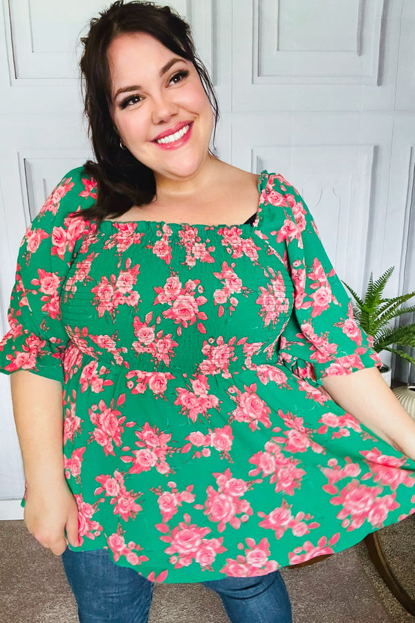 Sumptuous In Smocked Green & Coral Flower Print Babydoll Top - Coeur de la Mode