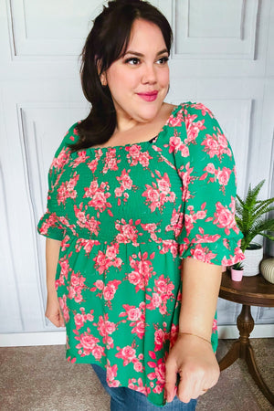 Sumptuous In Smocked Green & Coral Flower Print Babydoll Top - Coeur de la Mode