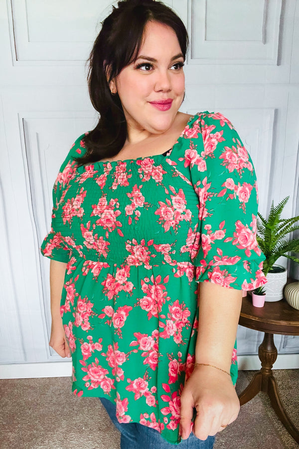 Sumptuous In Smocked Green & Coral Flower Print Babydoll Top - Coeur de la Mode