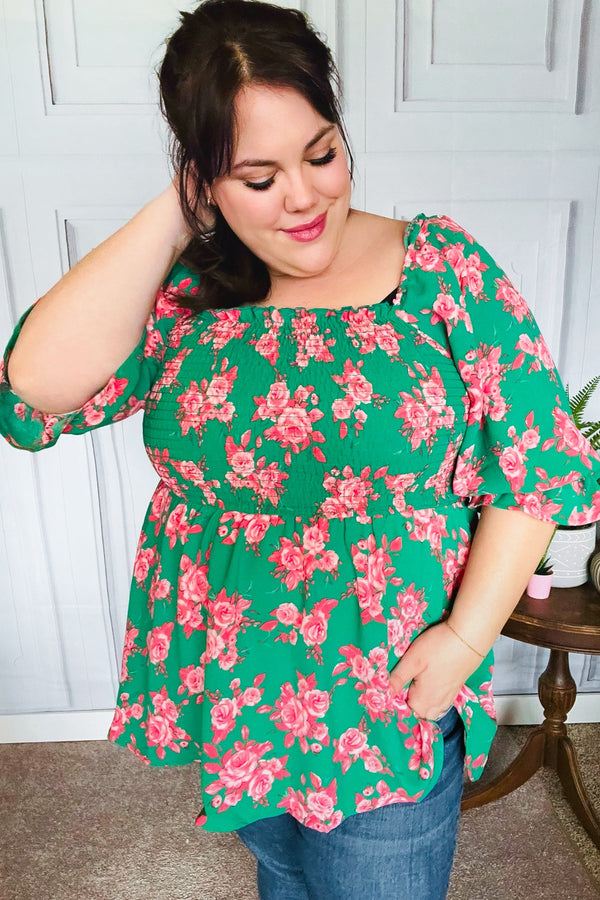 Sumptuous In Smocked Green & Coral Flower Print Babydoll Top - Coeur de la Mode