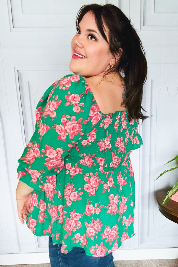 Sumptuous In Smocked Green & Coral Flower Print Babydoll Top - Coeur de la Mode