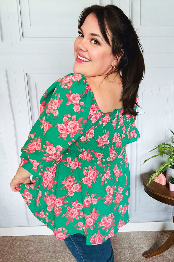 Sumptuous In Smocked Green & Coral Flower Print Babydoll Top - Coeur de la Mode
