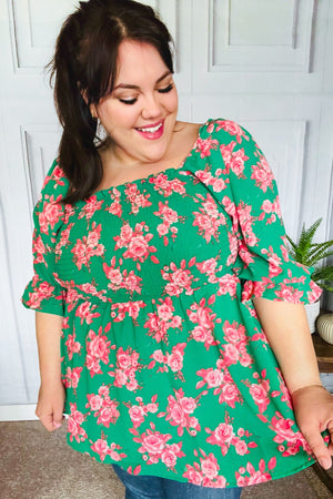 Sumptuous In Smocked Green & Coral Flower Print Babydoll Top - Coeur de la Mode